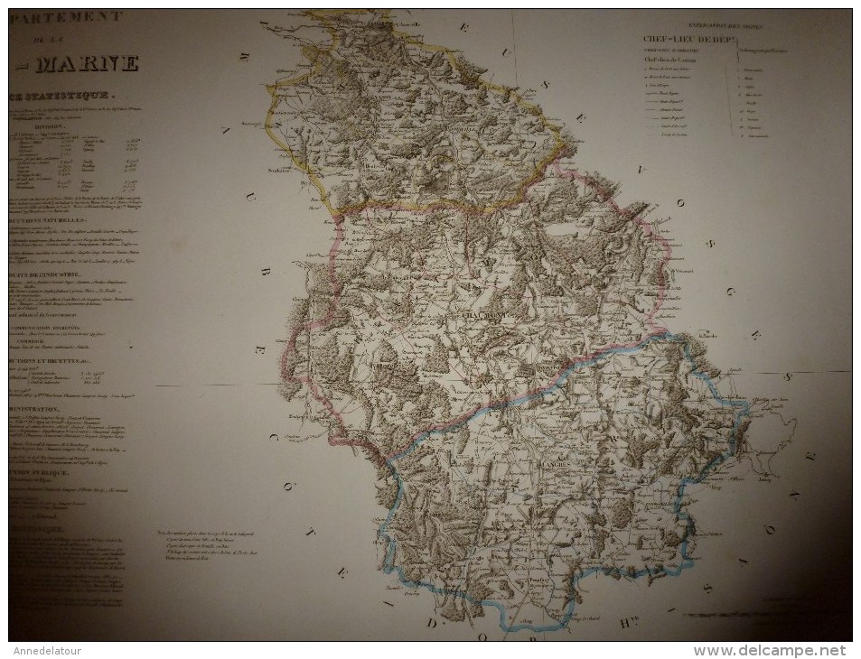 1836 Grde carte ancienne réhaussée couleurs :par A H Dufour ,  département de la  Hte MARNE  avec notices hist. et stat.