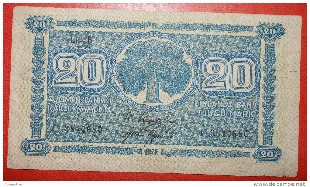 * Litt. B: FINLAND ★ 20 MARKS 1945 (1948)! Kivialho/Aspelund   LOW START &#9733; NO RESERVE! - Finnland