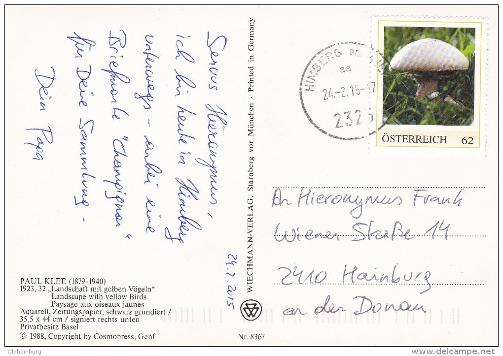 1308a: PM Aus Österreich: Pilze (Champignon) Auf Ansichtskarte Gest. 24.2.15 PA 2325 Himberg Bei Wien - Pilze