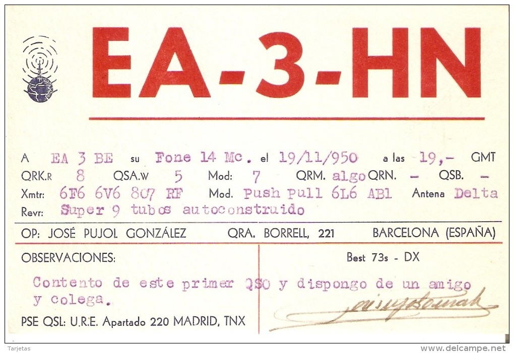 QSL POSTAL DE RADIO AFICIONADO DE JOSE PUJOL EN BARCELONA DEL AÑO 1950 (SELLO DETRÁS) - Otros & Sin Clasificación