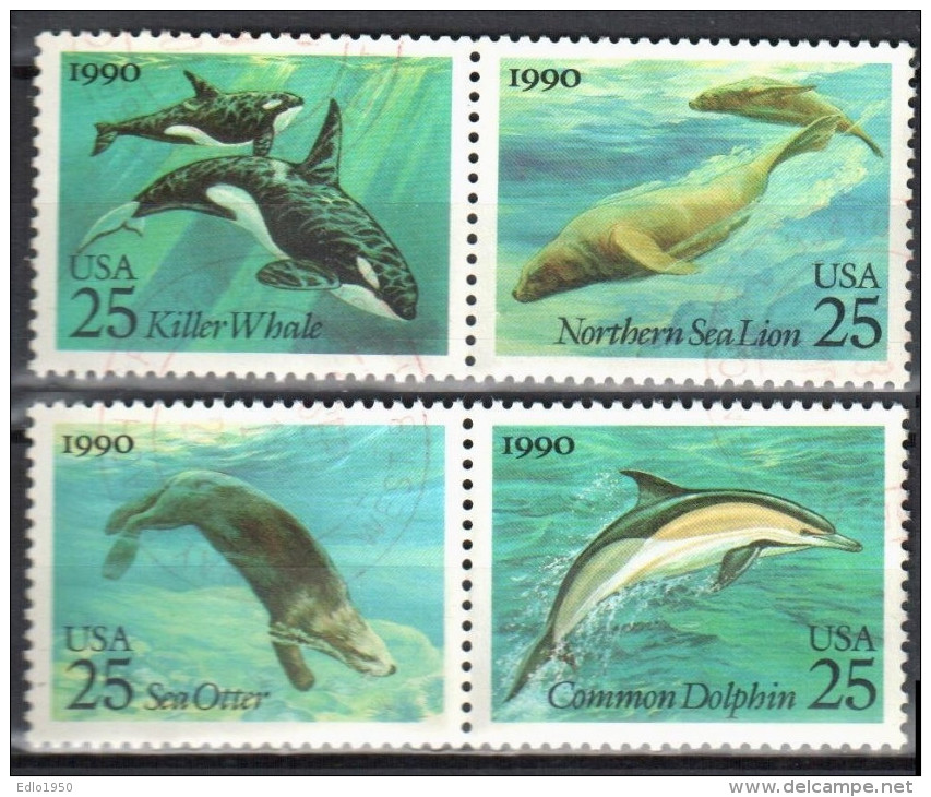 United States 1990 Sea Creatures - Sc # 2508-11 - Mi 2107-10 - Two Horizontal Pair - Used - Blocks & Sheetlets