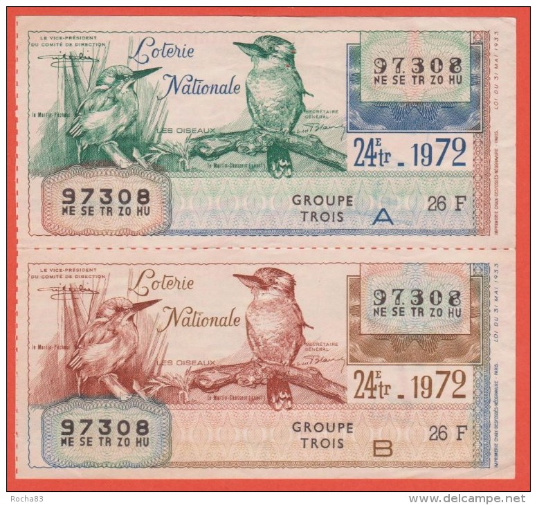 Loterie Nationale 1972 - 24 ème Tr. A & B Attachés - Entiers De 52 F. Les Oiseaux - Billets De Loterie