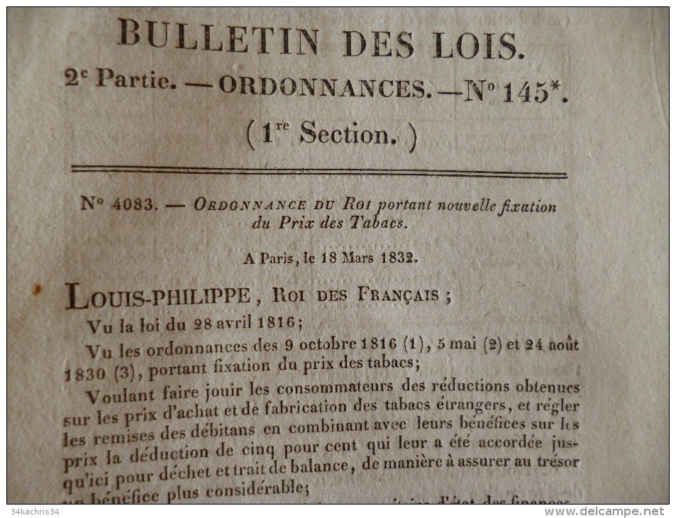 Bulletin Des Lois N° 145. Ordonnance Du Roi Portant Nouvelle Fixation Des Prix Du Tabac. 18/03/1832 - Gesetze & Erlasse