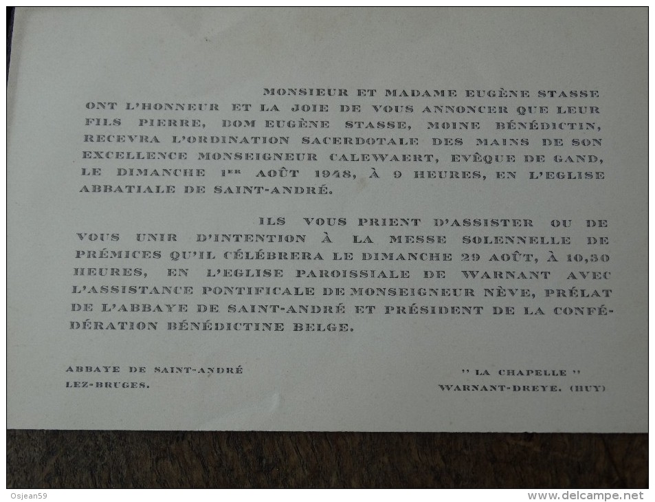 Ordination Sacerdotale D´un Moine Bénédictin En 1948(Dom Eugène Stasse)en L´église De L´abbaye Saint André - Autres & Non Classés