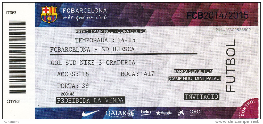 España--Futbol--Barcelona-Huesca---Copa Del Rey-- 2014--2015-- - Tickets - Entradas