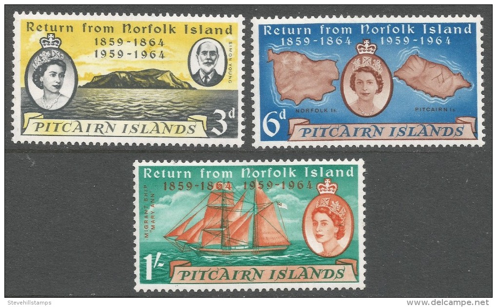 Pitcairn Islands. 1961 Centenary Of Return Of Pitcairn Islanders From Norfolk Island. MH Complete Set. SG 29-31 - Pitcairn Islands