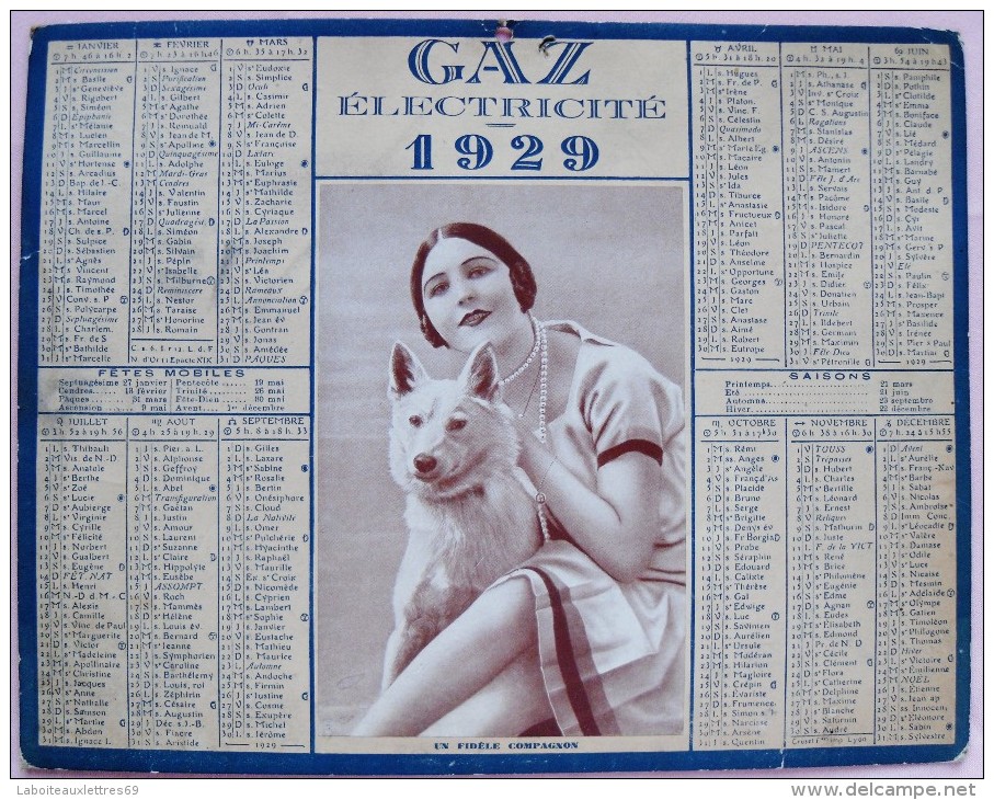 CALENDRIER 1929 GAZ ELECTRICITE - JEUNE FEMME AU CHIEN - Grand Format : 1921-40