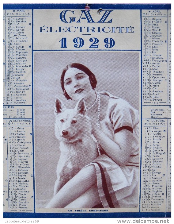 CALENDRIER 1929 GAZ ELECTRICITE - JEUNE FEMME AU CHIEN - Tamaño Grande : 1921-40