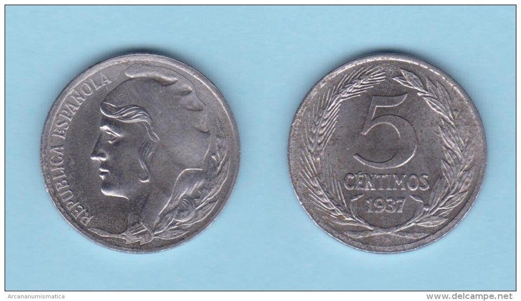 II REPUBLICA  5  CENTIMOS  1.937  HIERRO  KM#752  EBC-/XF-     DL-11.177 - 5 Céntimos