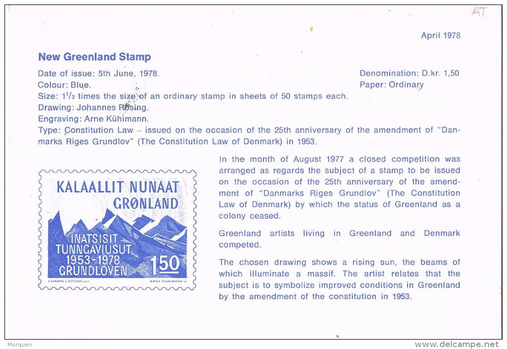 R 877. Tarjeta F.D.C. GODTHAB  (Gronland) Groenlandia 1978. Sol, Sun. Constitution - Covers & Documents