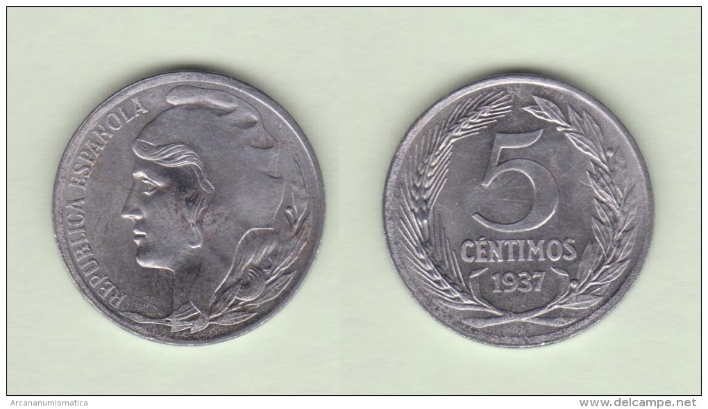 II REPUBLICA  5  CENTIMOS  1.937  HIERRO  KM#752  SC-/UNC-     DL-11.183 - 5 Céntimos