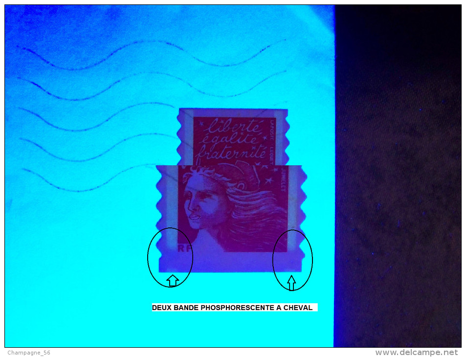 VARIÉTÉS   2002 N° 3419 E BANDE  PHOSPHORESCENTE A CHEVAL MARIANNE  TVP ROUGE OBLITÉRÉ  YVERT 6.00 € NF - Lettres & Documents