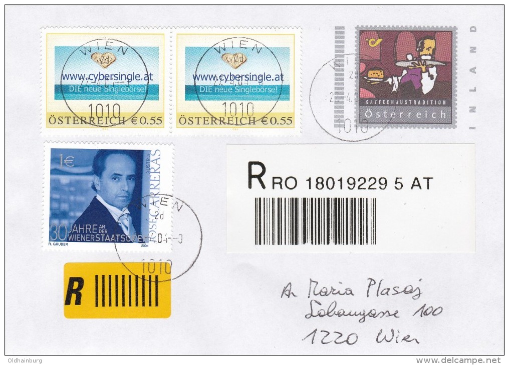 1308i: Rekobrief Personalisierte "cybersingle.at" Gest. 27.4.2004 PA 1010 Wien - Timbres Personnalisés