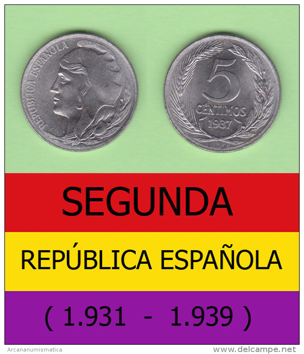 SPAIN / SECOND REPUBLIC Segunda República  (1.931 / 1.939)  5 CÉNTIMOS  1.937  IRON  KM#752  SC/UNC   DL-11.192 - 5 Centiemos