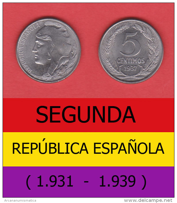 SPAIN / SECOND REPUBLIC Segunda República  (1.931 / 1.939)  5 CÉNTIMOS  1.937  IRON  KM#752  SC/UNC   DL-11.197 - 5 Centimos