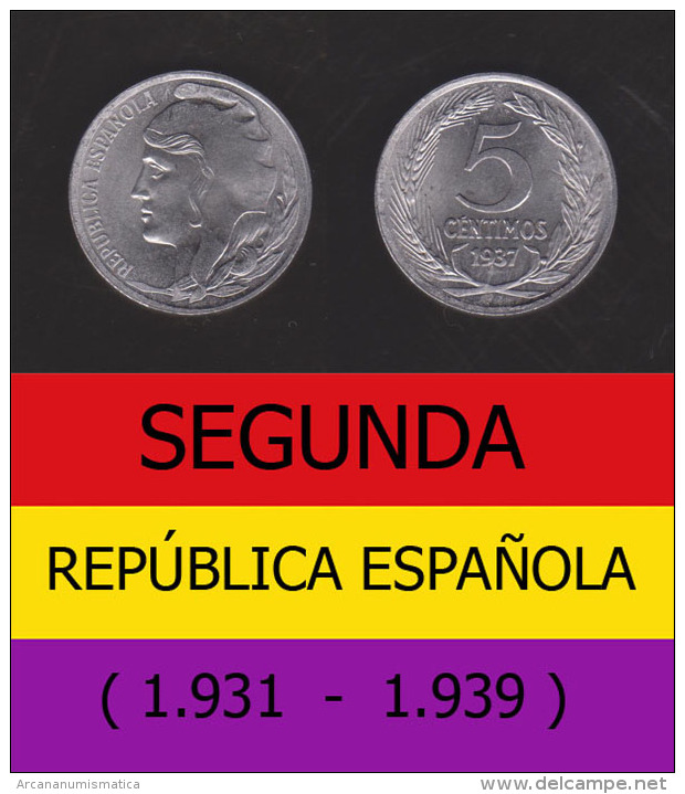 SPAIN / SECOND REPUBLIC Segunda República  (1.931 / 1.939)  5 CÉNTIMOS  1.937  IRON  KM#752  SC/UNC   DL-11.212 - 5 Centiemos