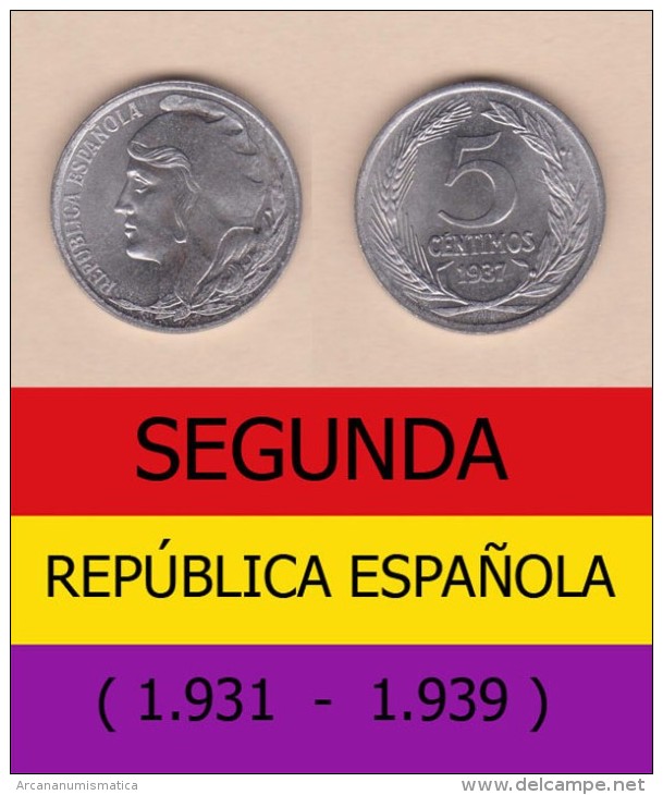 SPAIN / SECOND REPUBLIC Segunda República  (1.931 / 1.939)  5 CÉNTIMOS  1.937  IRON  KM#752  SC/UNC   DL-11.206 - 5 Céntimos