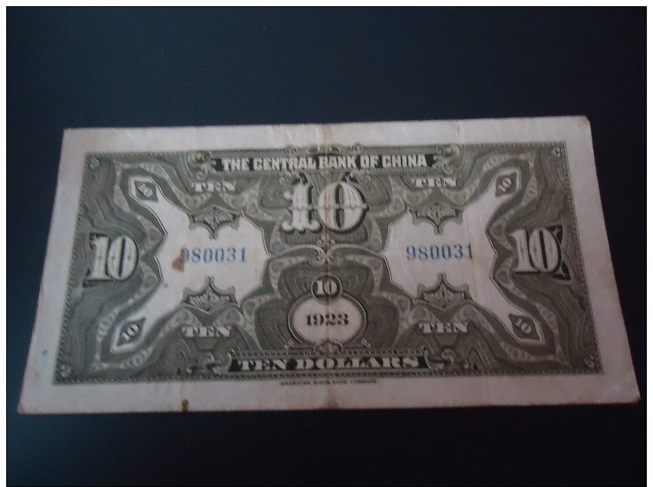 1923 CENTRAL BANK OF CHINA RARE 10 DOLLARS ( P 176e ) * % 100 Original * - Chine