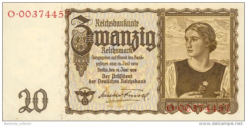 Deutschland, Germany - 20 Reichsmark, Ro. 178 A , ( Serie O ) 1939 ! - 20 Reichsmark