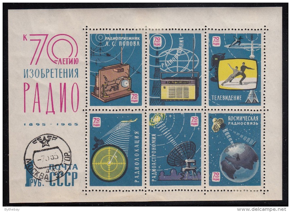 Russia Used Scott #3040 Souvenir Sheet With 6 Labels 1r 70th Anniversary Of Popov´s Radio Pioneer Work - Télécom
