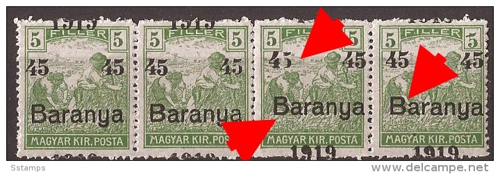 1919  BARANYA  UNGARN SERBIA JUGOSLAVIJA OVERPRINT MOVED INTERESSANT TYP- I - TYP II NEVER HINGED - Baranya