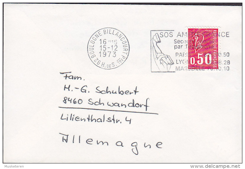 France Flamme Slogan "SOS Amitie Telephone" BOULOGNE BILLANCOURT 1973 Cover Lettre To SCHWANDORF Germany Marianne - 1971-1976 Marianne (Béquet)