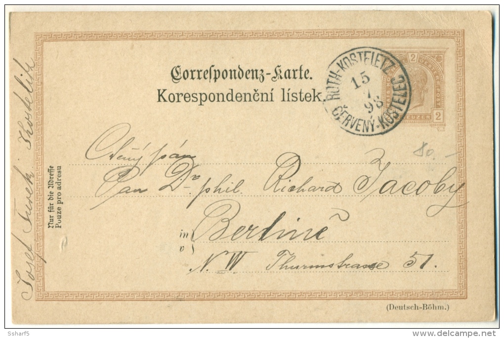 Roth-Kosteletz Cerveny-Kostelec 1898 Auf Correspondenz-Karte Nach Berlin - Andere & Zonder Classificatie