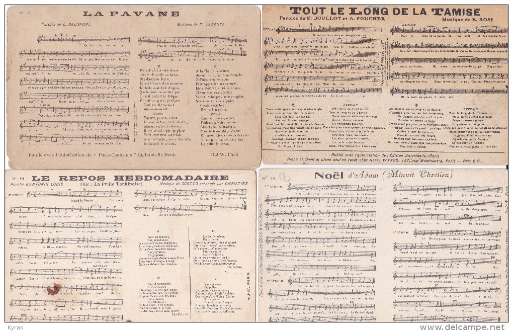 LOT 4 Cpa CANSONS . Paroles /partitions  : LA PAVANE, LE REPOS HEBDOMADAIRE. TOUT LE LONG DE LA TAMISE , NOEL D'Adam - Autres & Non Classés