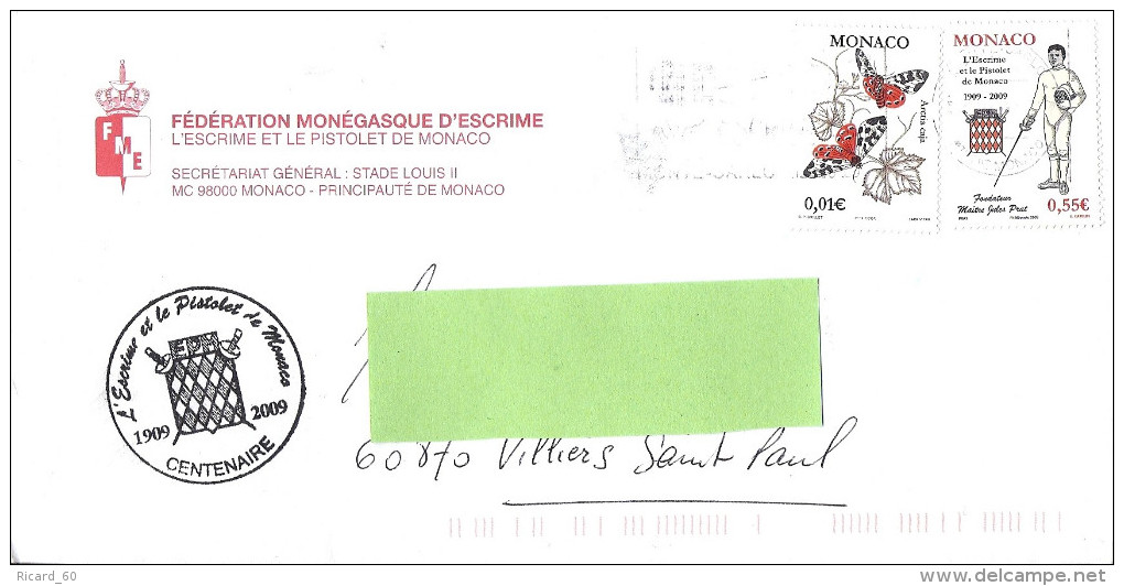 Pli De Monaco, Fédération Monégasque D'escrime, Fondation Maître Jules Prat, Escrimeur, Papillon, Armoiries - Storia Postale