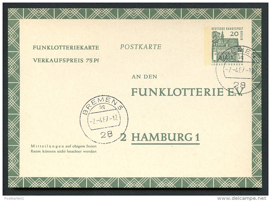 BERLIN FP8  Funklotterie-Postkarte  Torhalle Lorsch Stpl. Bremen 1967 - Cartes Postales - Oblitérées