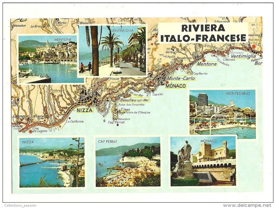 Cp, Carte Géographique, Riviera Italo-Francese, Multi-Vues - Landkarten