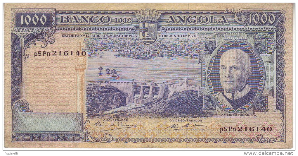 ANGOLA  1000 Escudos  BANKNOTE  " Americo Tomas At Right "   P96  10.6.1970 - Angola
