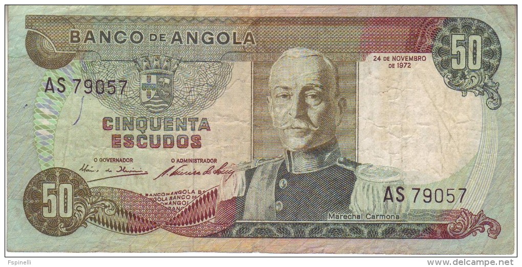 ANGOLA  50 Escudos  BANKNOTE  " M. Carmona At Right  "   P100  24.11.1972 - Angola