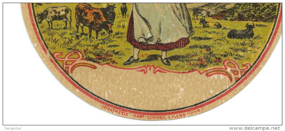 Ancienne Etiquette Fromage  Camembert  Normandie L "femme , Vaches, Sans Indication" Imprimerie Maby Lemarie Flers Orne - Cheese