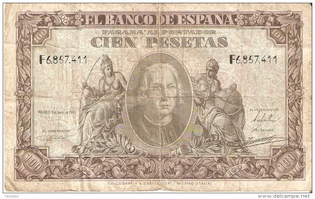 BILLETE DE ESPAÑA DE 100 PTAS DEL 9/01/1940 SERIE F  EN CALIDAD BC-  (BANKNOTE) - 100 Pesetas