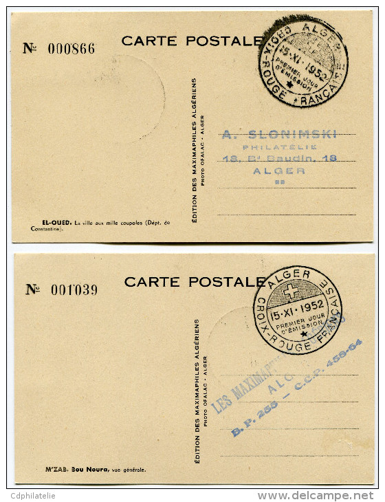 ALGERIE CARTES MAXIMUM DES N°300/301 AU PROFIT DES OEUVRES DE LA CROIX-ROUGE OBLITERATION 1er JOUR ALGER 15.XI.1952 - Maximumkarten