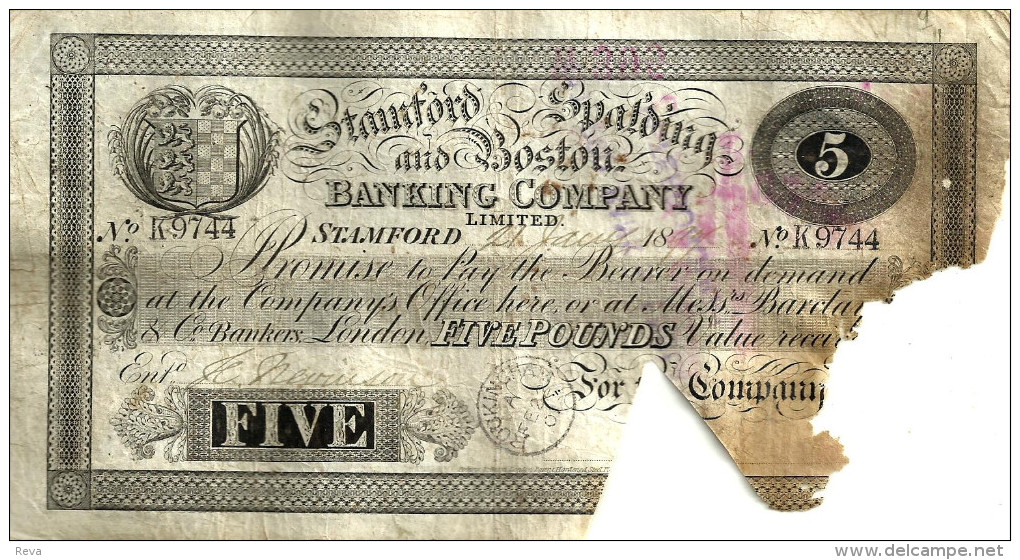 GREAT BRITAIN 5 POUND BLACK THE STAMFORD,BOSTON &SPALDING FRONT BACK  P.374c DATED 27-06-1897 G READ READ DESCRIPTION !! - 5 Pounds