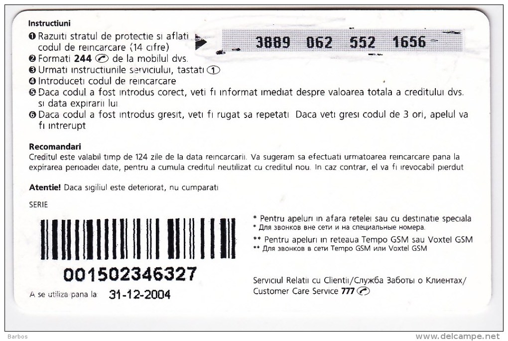 Moldova  , Voxtell , 2004 , Tempo In Ritmul Tau , 15/30  Minuts ;  Prepaid , Tip II , Plastic , Used - Telecom Operators