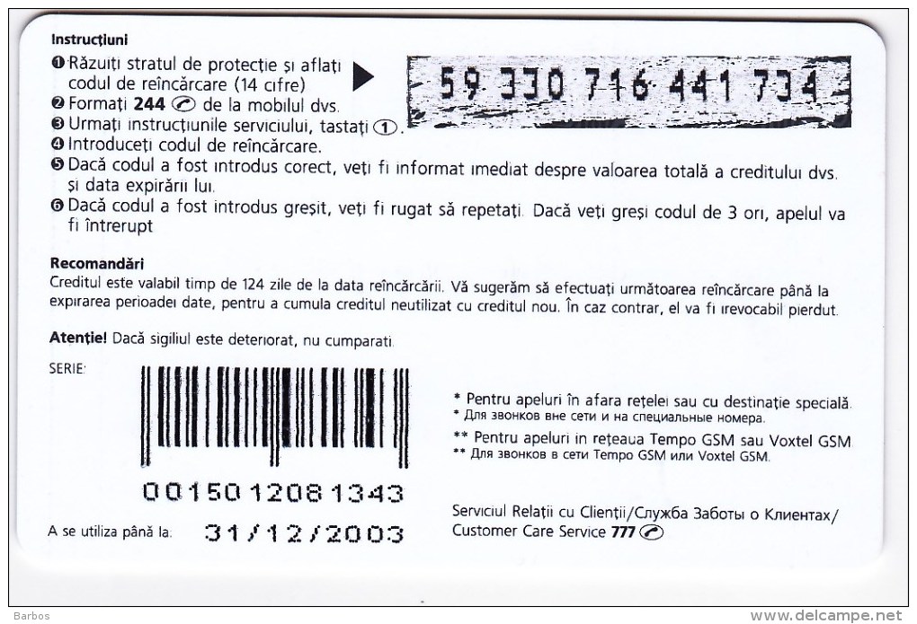 Moldova  , Voxtell , 2003 , Tempo In Ritmul Tau , 15/30  Minuts ;  Prepaid  , Plastic , Used - Telecom