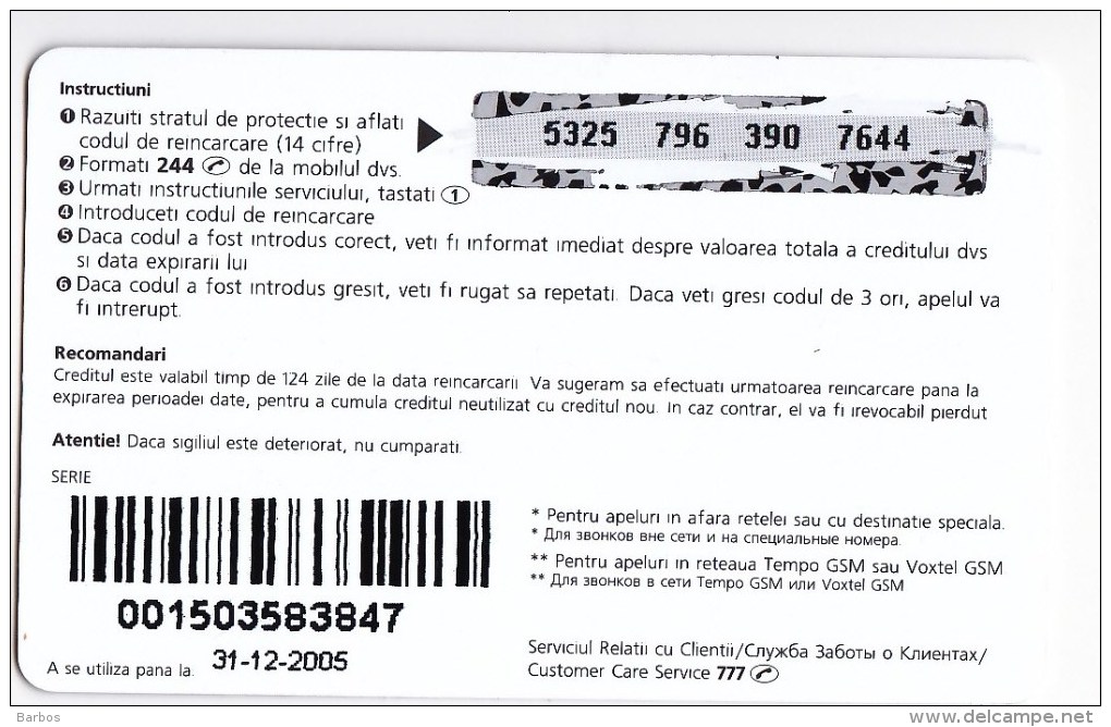 Moldova  , Voxtell , 2005 , Tempo In Ritmul Tau , 15/30  Minuts ;  Prepaid  , Plastic , Used - Telecom Operators