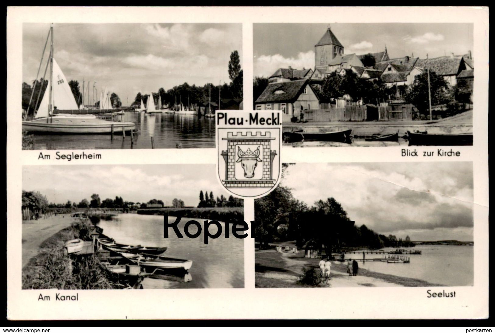 ÄLTERE POSTKARTE PLAU AM SEGLERHEIM BLICK ZUR KIRCHE AM KANAL SEELUST MECKLENBURG WAPPEN Ansichtskarte AK Cpa Postcard - Plau