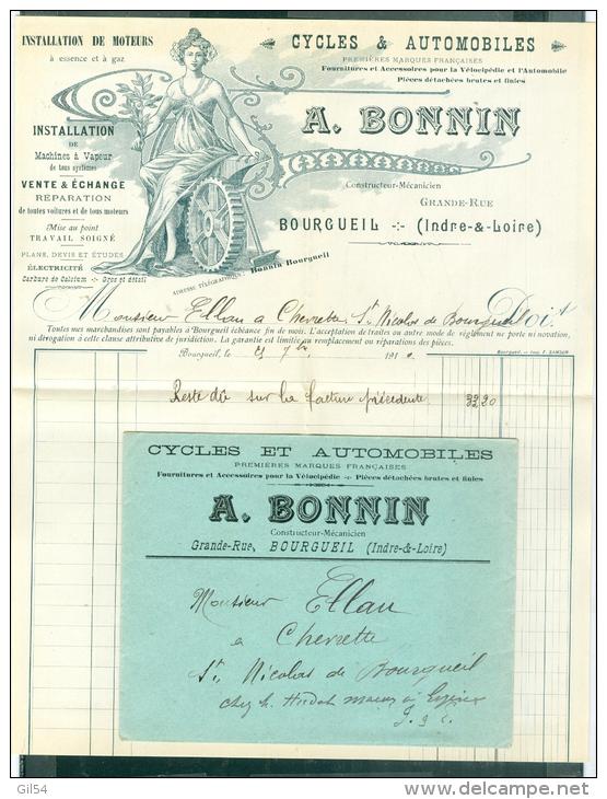 LAC Contenant Belle Lettre à Entête " Cycles &amp; Automobile A. Bonnin , Bourgueil Dprt 37 Malc4810 - Cycling