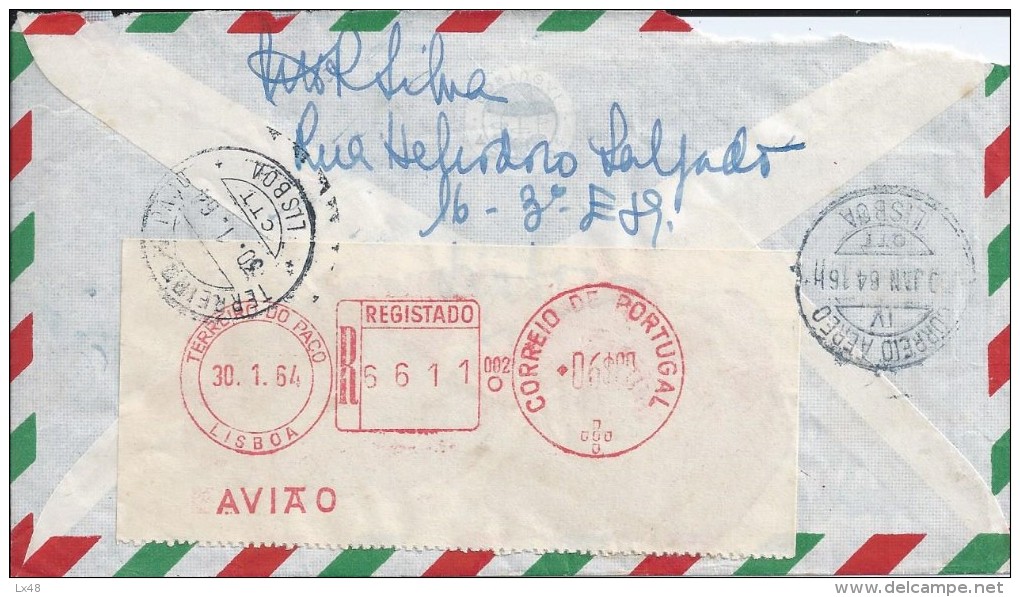 Carta Brasil Com Registo Correio Aéreo.Franquia Mecânica Terreiro Do Paço,Lisboa.Letter Brazil With Mechanical Air Mail. - Covers & Documents