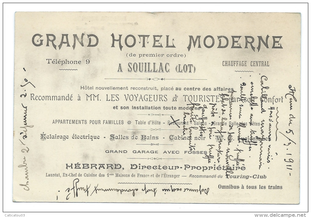 SOUILLAC (Lot) - "Grand Hôtel Moderne" HEBRARD Directeur-Propriétaire - Chauffage Central, éclairage électrique - Animée - Souillac