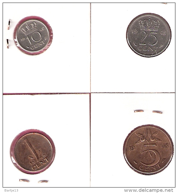 NEDERLAND 1,5,10 & 25 CENT KONINGIN WILHELMINA 1948 NO OTHER COINS OF THIS YEAR - Collections