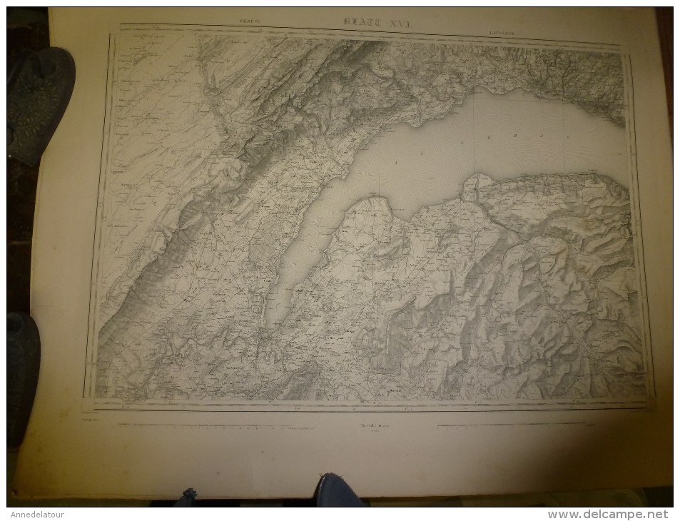 1887 Grande carte ancienne N° 16(Genève , Lausann ) EIDGENÖSSISHES MILITAIR ARCHIV (archives fédérale) par G. H. Dufour
