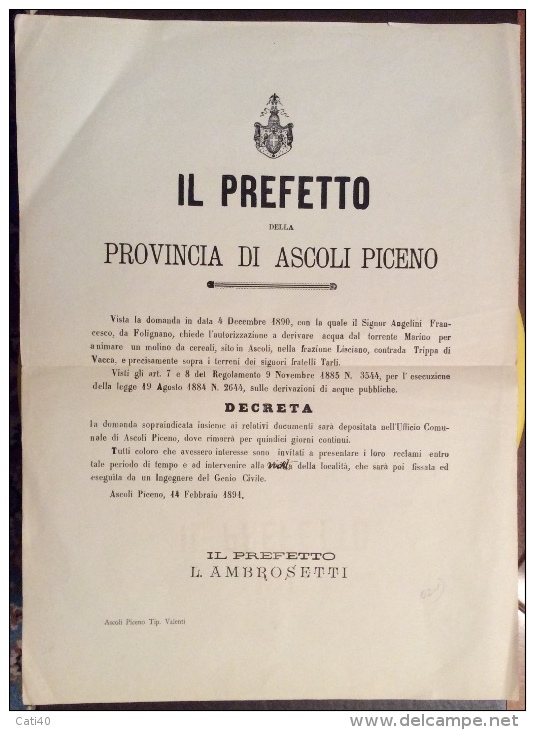 MANIFESTO 1891 . IL PREFETTO DELLA PROVINCIA DI ASCOLI PICENO - RICHIESTA DERIVAZIONE ACQUA ..vedi Nota - Manifesti