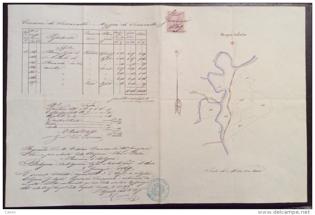 COMUNE DI SERRAVALLE  1869 - MAPPA DI SERRAVALLE  COLORATA E DISEGNATA A MANO . MARCA DA BOLLO E TIMBRO AGENZIA TASSE - Travaux Publics