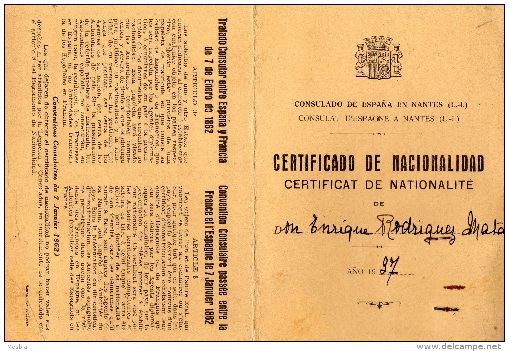 CERTIFICAT  DE  NATIONALITE  -  CONSULAT  D'ESPAGNE à  NANTES - 1937  -  Timbre Fiscal - Non Classés