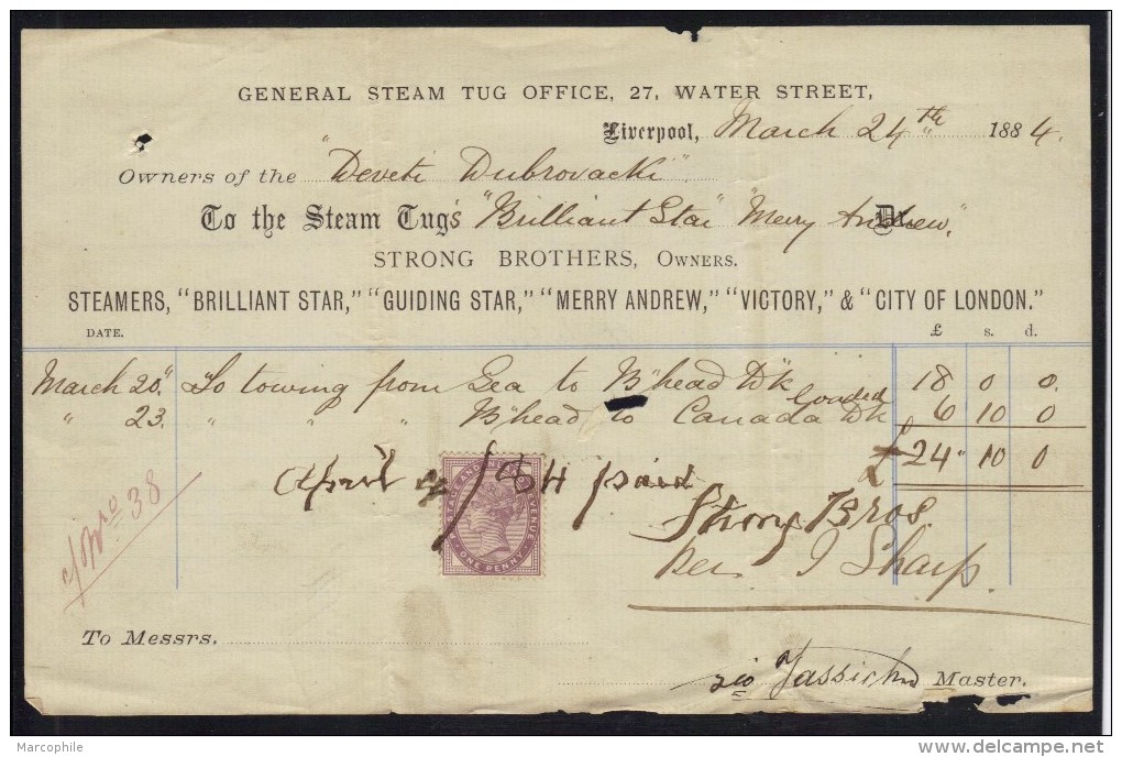LIVERPOOL - GB  / 1884 FISCAL SUR RECU (ref 5703) - Cartas & Documentos